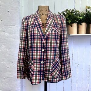 80s FAI Plaid Lightweight Seersucker Cotton‎ 2 Button Blazer Size 14 N1247